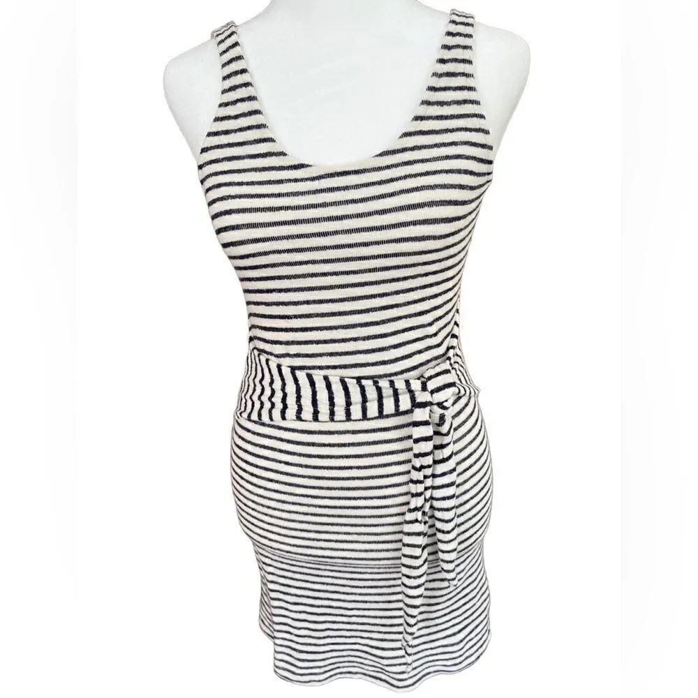 EVERLY black/cream striped tank style fitted dress with waist tie, size S